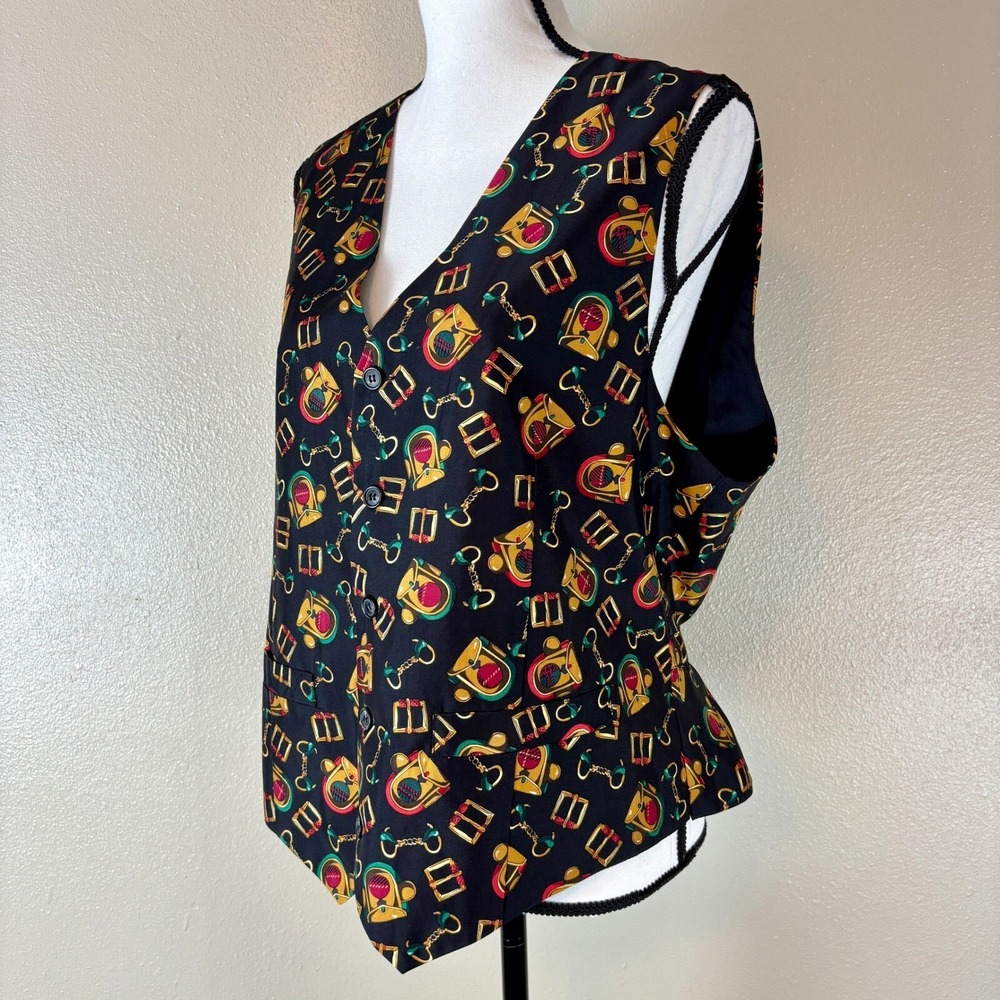 Preston & York Vest Women's Large Black Equestrian Themed Vintage Silk Horse 80s - Picture 7 of 11